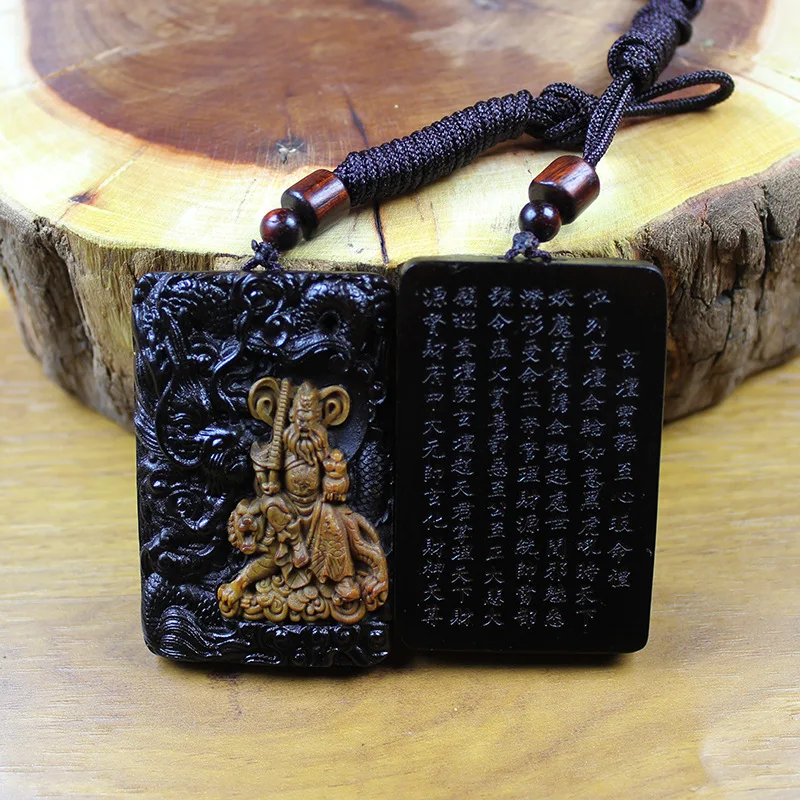 Chinese Traditional Handcrafted Double Sided Carved Thunderstruck Jujube Wood Zhao Gongming Martial God Of Wealth Pendant Lucky