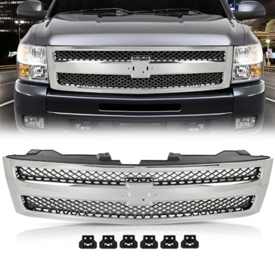 Chrome Grille with Black Insert for Chevrolet Silverado 1500 Hybrid 20092013 and XFE 20102013 Compatible with LS LT LTZ WT Mode