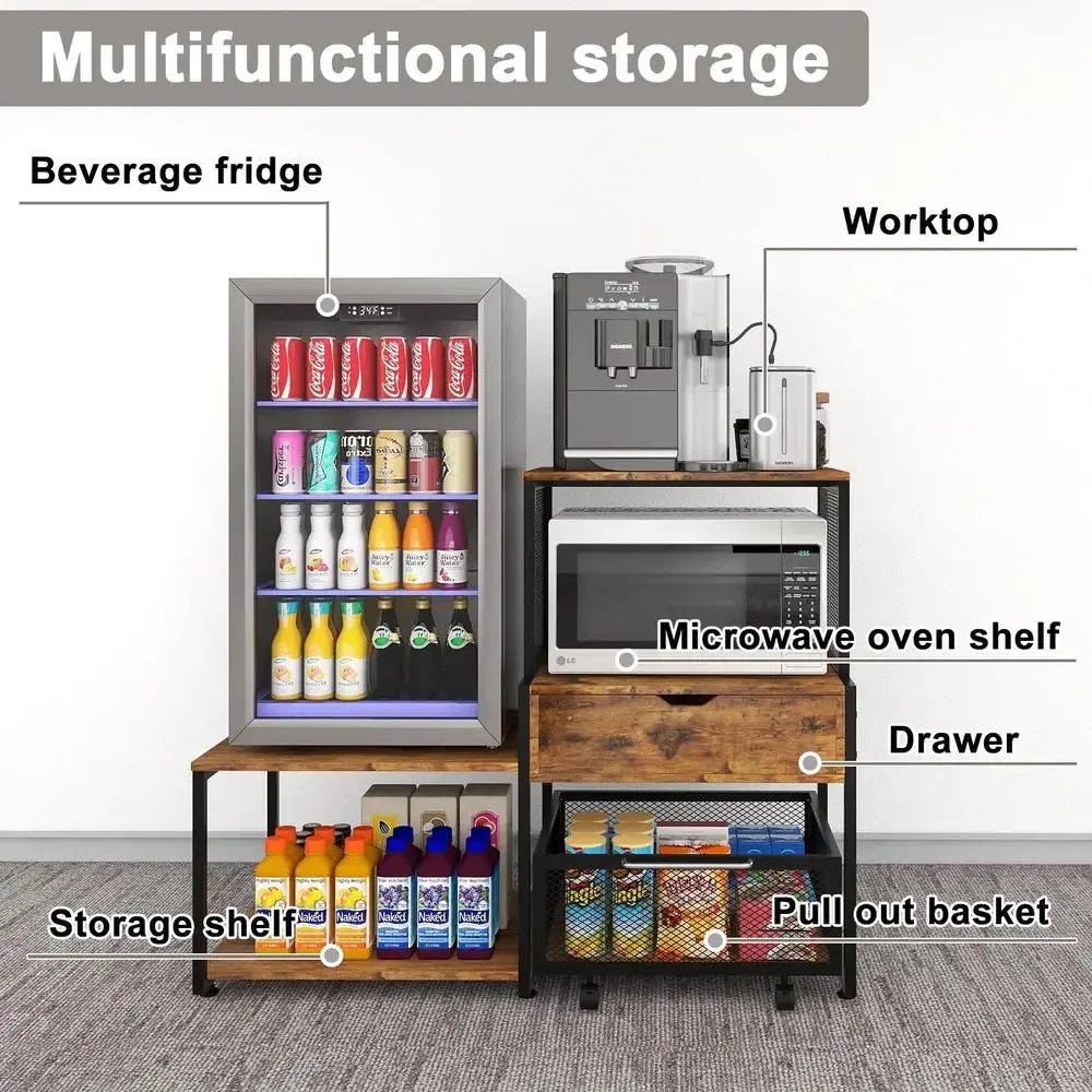 Mini Fridge Stand Coffee Bar Cabinet Storage Rack with Power Outlet Microwave Oven Beverage Wine Organizer Multi Tier Drawer