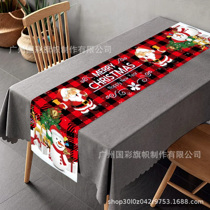 Cross-Border New Arrival Christmas Tablecloth Linen Black and Red Plaid Christmas Dining Seat Decoration180*35cmChristmas Table