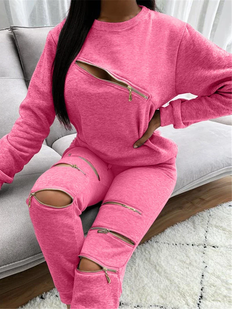 Autumn Tracksuit Women Two Piece Set Zipper Holes Long Sleeve Sweatshirt Top and Pants Sports Jogging Suit Female Matching Sets