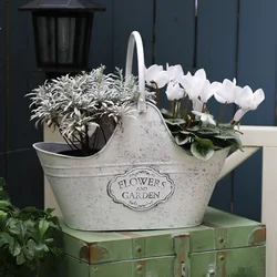 Outdoor Metal Stand Flowerpot Rural White Painting With Metal Handle Balcony Planter Indoor Or Outdoor Decoration