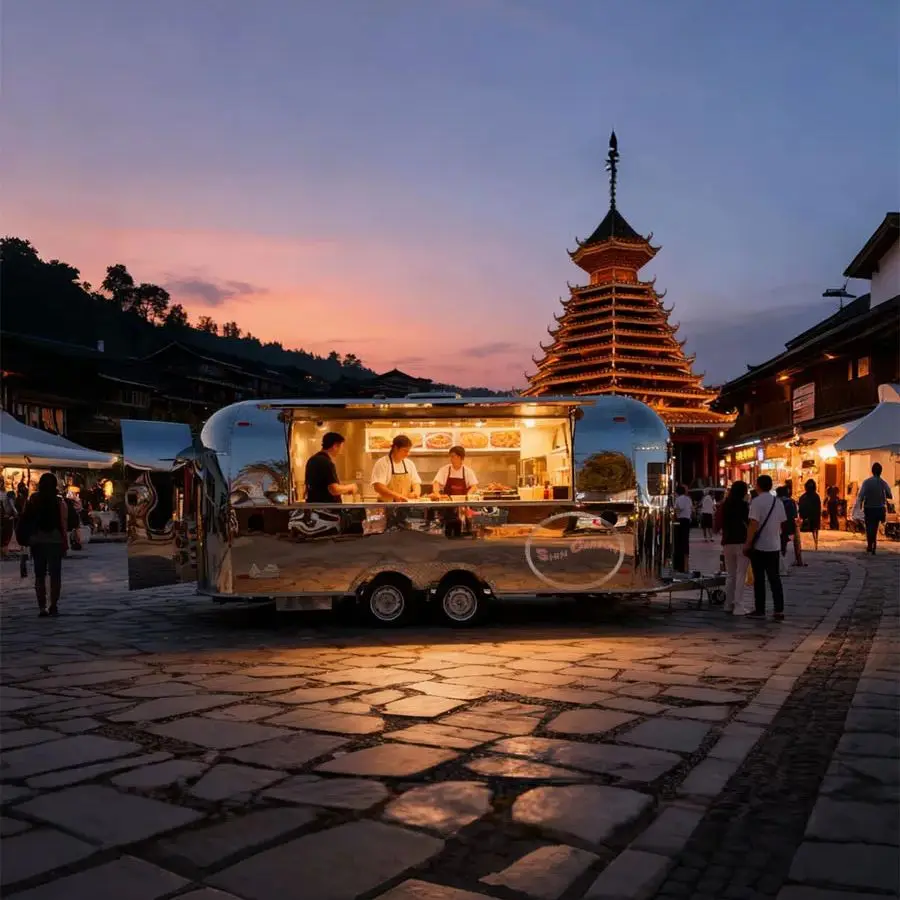 

Outdoor Food Trailer Mirrored Stainless Steel with Openable Sales Window And Large Side Awning for Catering Business