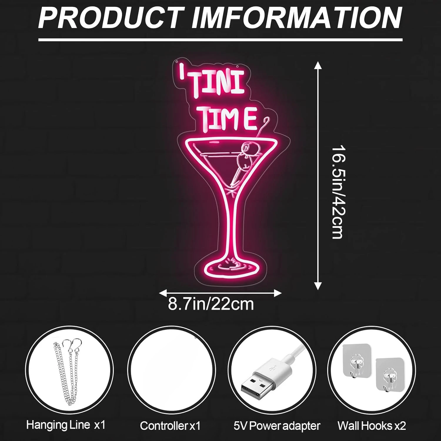Tini Time LED Neon Sign USB Dimmable Martini Neon Light for Bar Pub Art Decoration Elegant Cocktail Glass Business Sign Gift