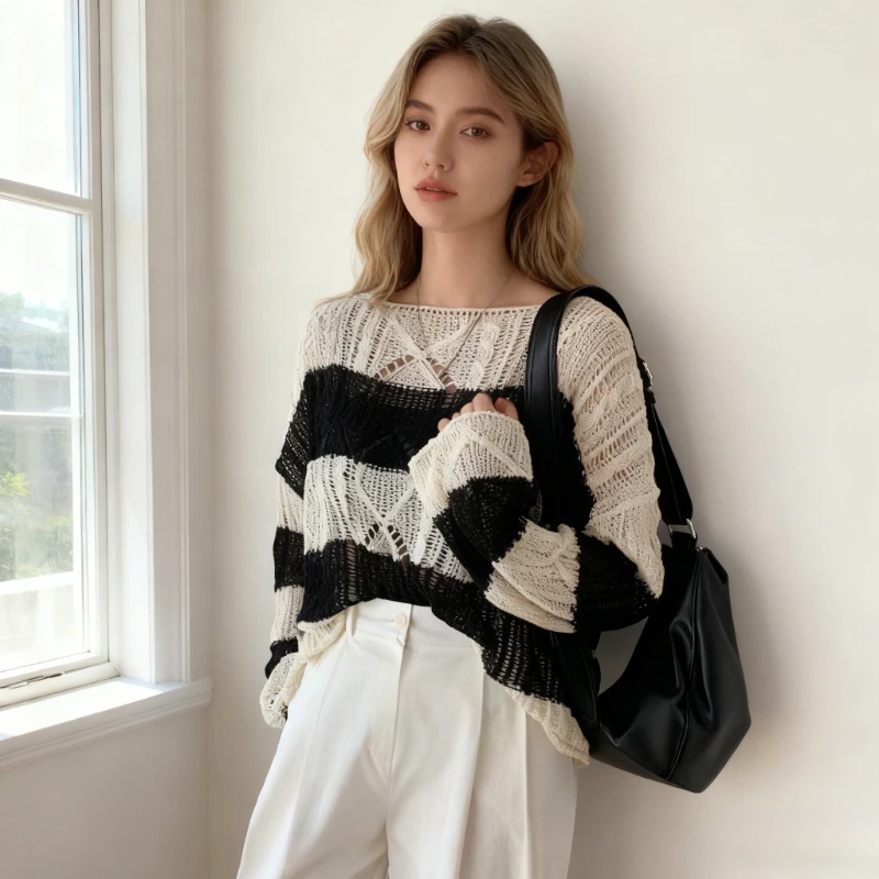 

Тонкая женская солнцезащитная трикотажная рубашка в полоску в стиле ретро, весна-лето, корейский модный свободный пуловер, топы