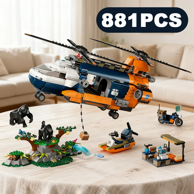 

881PCS City Jungle Explorer Helicopter Building Blocks Exploration Base Yacht Gorilla Assemble Brick Toys Gift For Kid Boy Adult