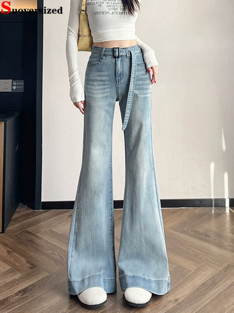 

Belt Fashion Vintage Flared Jeans Slim High Waist Wide Leg Denim Pants Women's Casual Retro Streetwear Straight Vaqueros