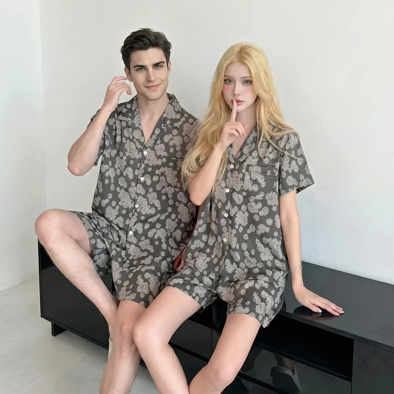 26 Spring Summer Couple Ice Silk Pajamas Women Men Short-sleeve Pants 2piece Set  High End Plus-size Nightgown Sleepwear Thin