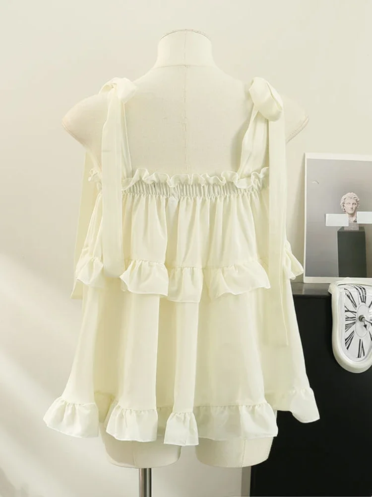 QWEEK Ruffles Tank Sweet Girls Y2k Coquette Bow Kawaii Cute Tops Japanese School Student Lolita Chic Korean Style Tanks 2024