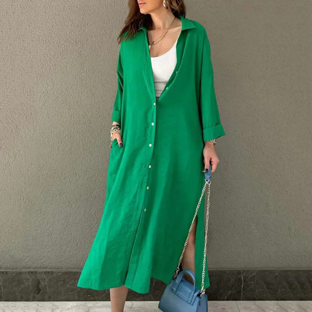 

Women Shirt Dress Loose Cut Shirt Dress Stylish Women's Lapel Shirt Dress Long Sleeve Side Split Hem Cardigan for Streetwear