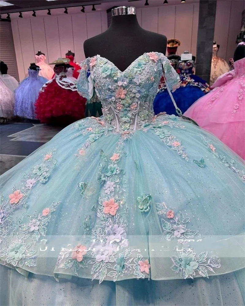 المكسيك الأخضر قبالة الكتف الكرة ثوب Quinceanera اللباس للفتيات مطرز يزين عيد ميلاد حزب أثواب الطبقات فساتين حفلة موسيقية