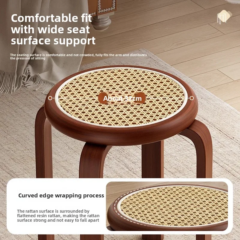

Solid wood rattan round stool medieval dining chair living room tea table stool bench dining room spare dining stool