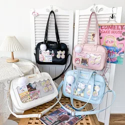 Japanese Tote Bag with Clear Pocket Women School Kawaii Handbags Shoulder Bag for Teenager Girls Cute Ita Bag Messenger Bag