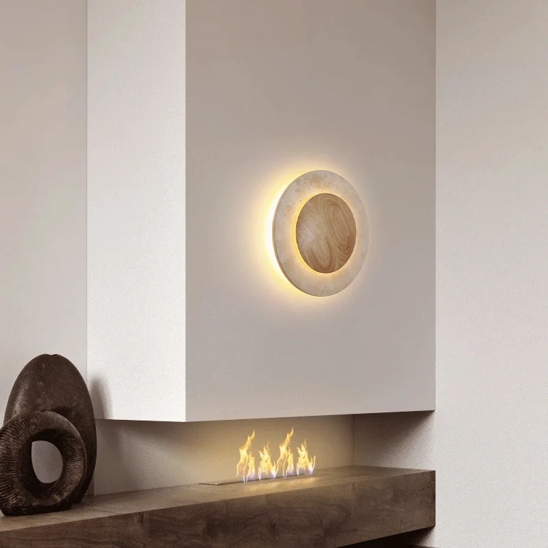 Vintage Round Shape Natural Stone Art Decoration Wall Lamp Interior Wall Lights Bedroom Decor Led Sconce Cream Home-appliance