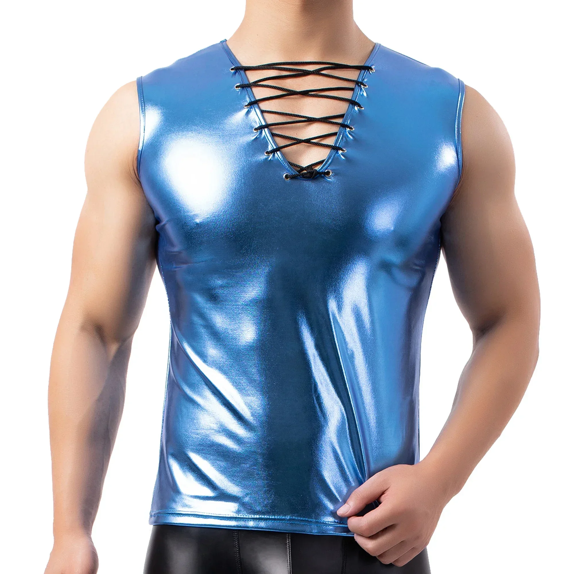 Men Undershirt Shiny Wet Look Faux Leather Lace-Up Singlet Men Tank Tops Sleeveless T Shirts Short Sleeve Tight Top Tee Clubwear