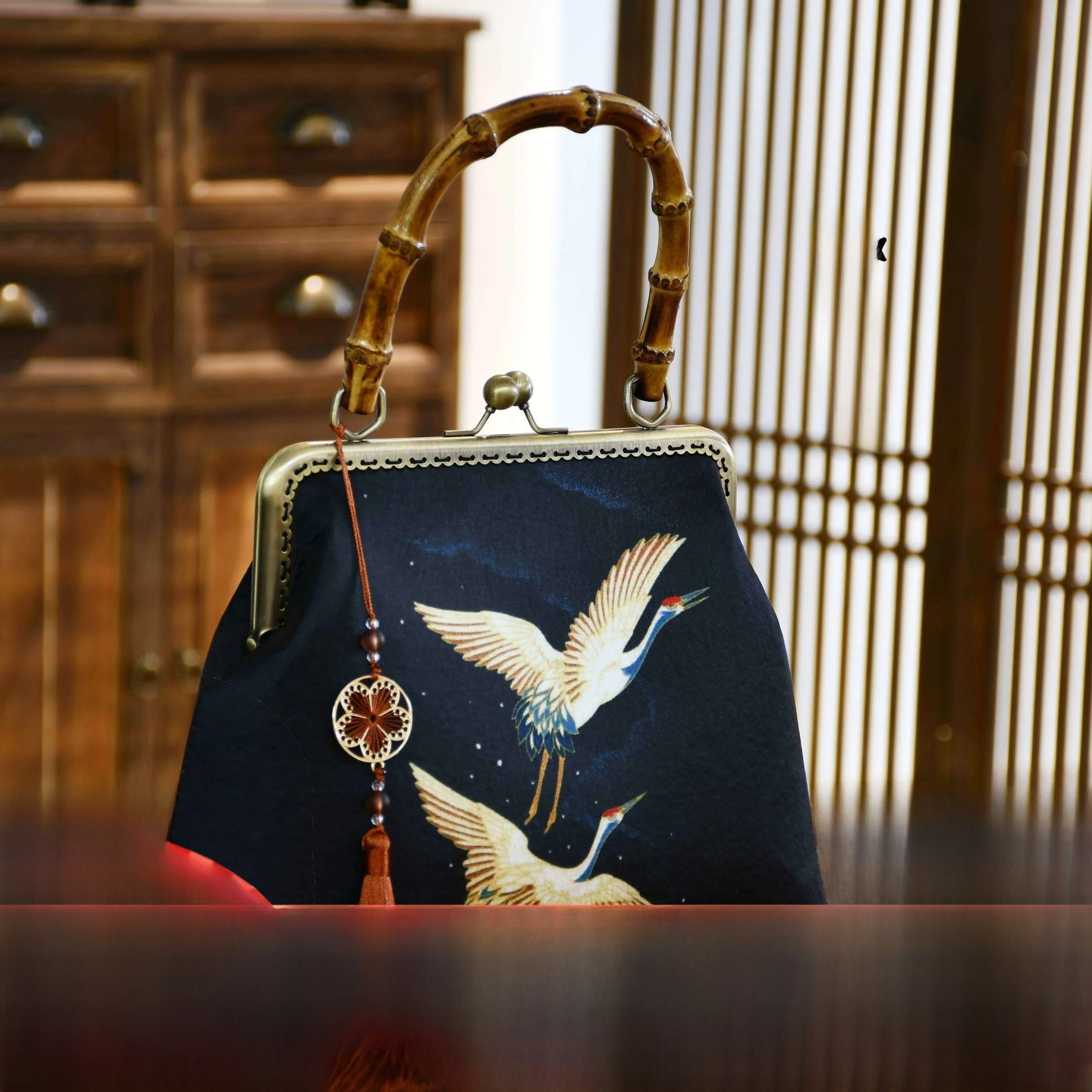 

Silk Bamboo Node Bag Material Kit Ancient Crane Design Traditional Hanrt DIY Sewing Home Fabric Art from Mainland China