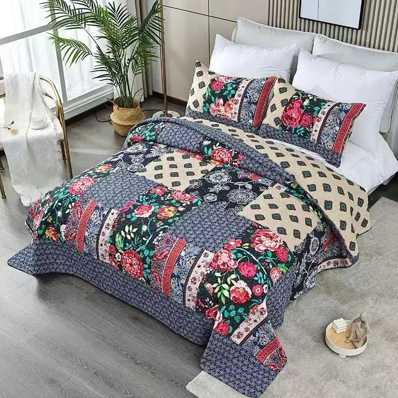 3pcs 100% Cotton Bedspread Quilt Quilted Bed Cover Queen Size Bedding Set Floral Coverlet Double Bed Blanket Non-slip Sheet