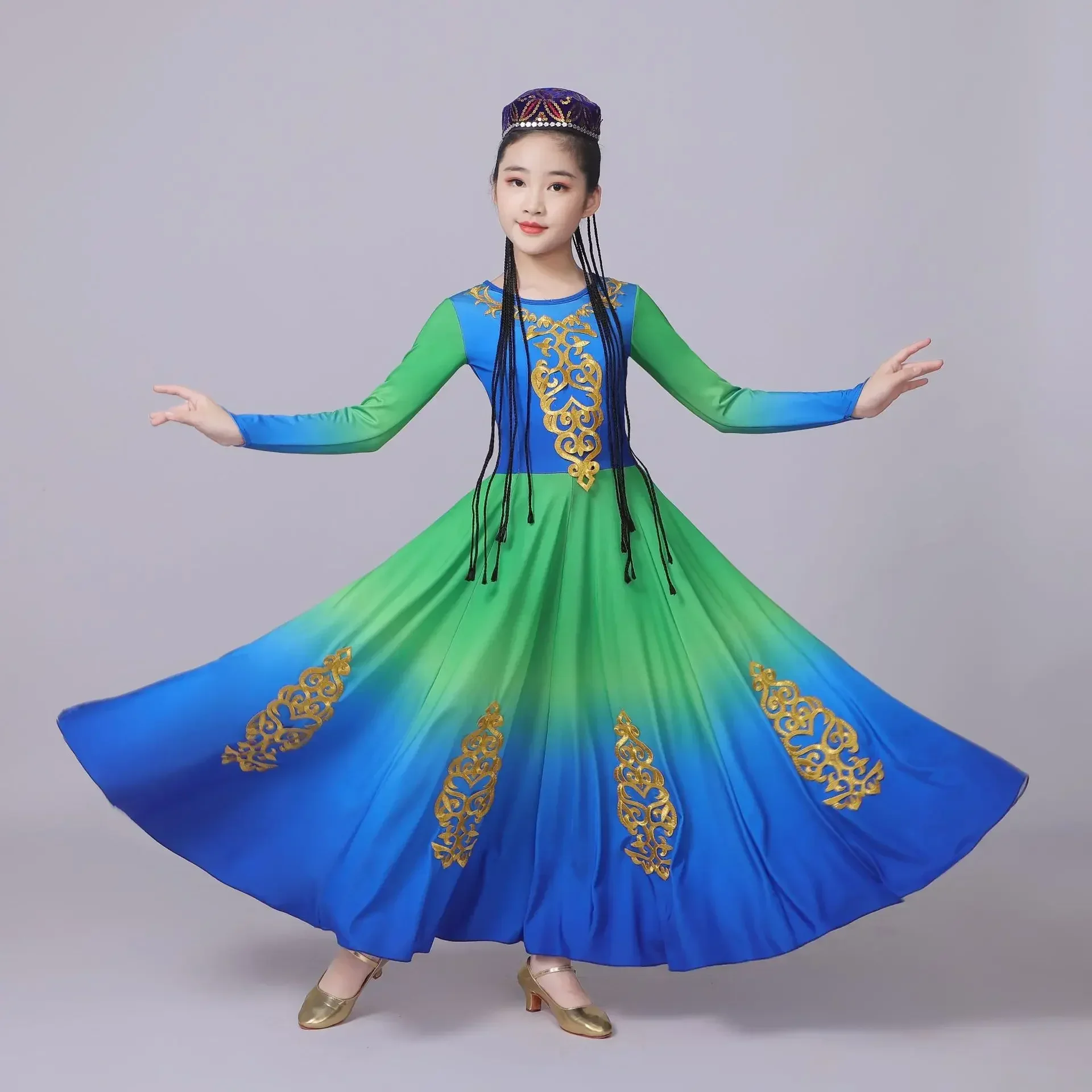 Синьцзян-уйгурская юбка, тибетский танцевальный костюм для девочек, традиционная одежда для народных танцев меньшинств, современное танцевальное платье хмонг для практики