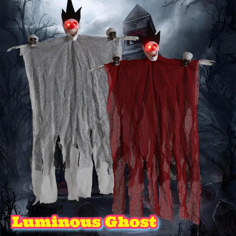 

Halloween Decorations Triple Hanging Ghost Electric Motion Glowing Sound Effect Scary Face Gauze Fabric Haunted House Yard Party