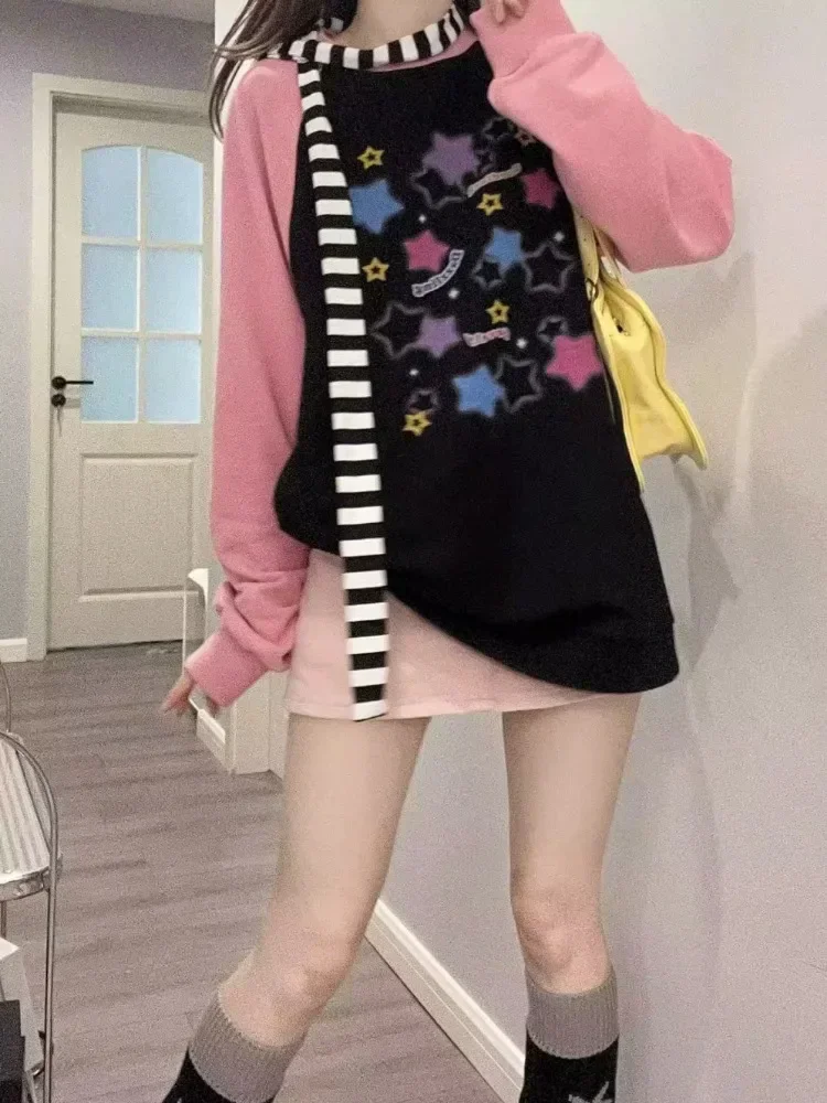 ADAgirl-sudaderas con capucha con estampado de estrellas para mujer, sudadera estética Y2K con manga raglán, Tops Harajuku de gran tamaño para chica