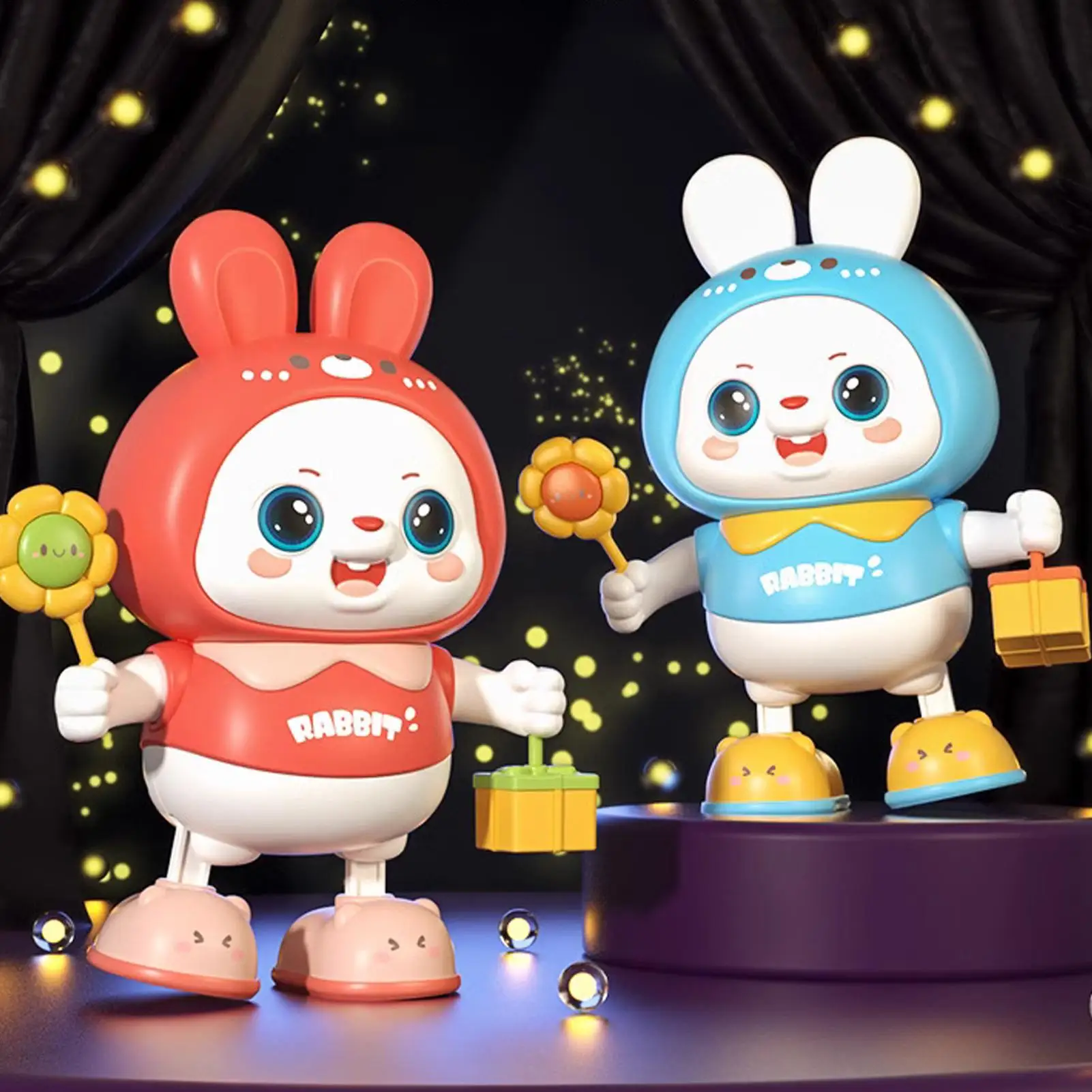전기 춤추는 토끼 장난감 48곡 인터랙티브 펫 장난감 머리 들어올림 기능 포함 어린이 침실 놀이방 야간 조명 동반자 선물