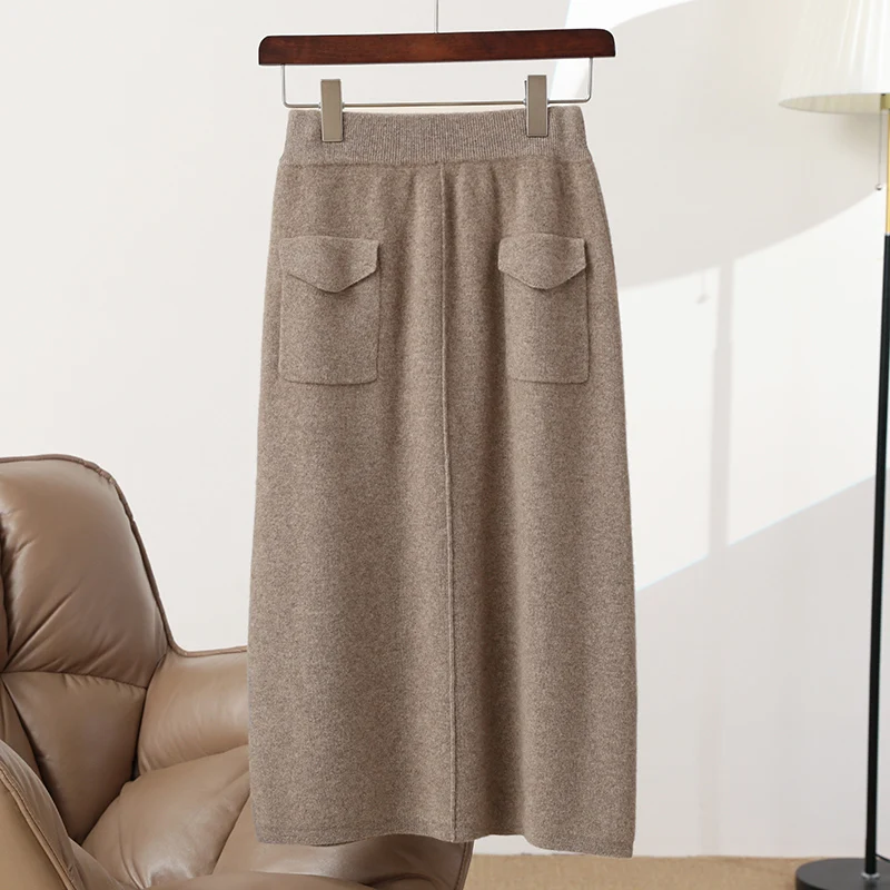 Women's Thick 100% Pure Wool Knitted Skirt Autumn Winter Mid-calf Skirt with Pockets Elastic Waist Skirt