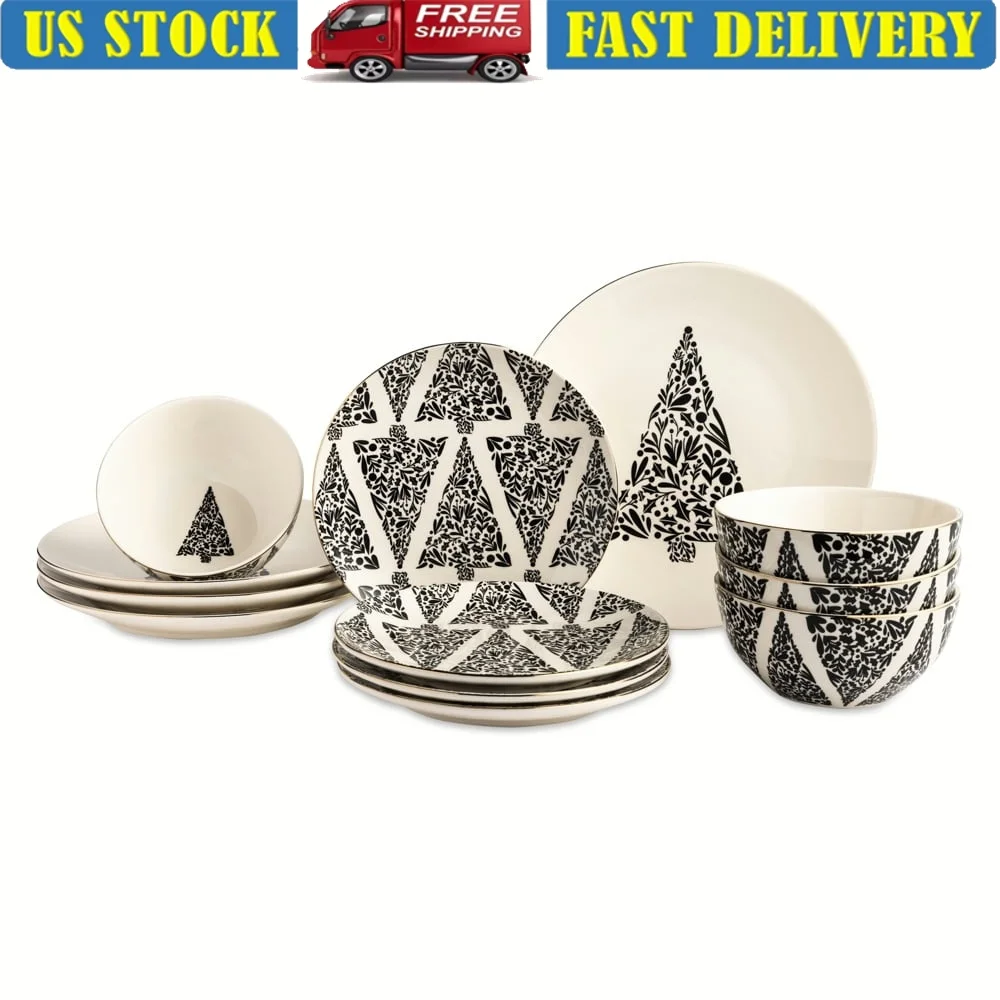 

12-Piece Ceramic Dinnerware Set with Holiday Tree Design Microwave Dishwasher Safe Service 4 Durable Stoneware Seasonal Meals