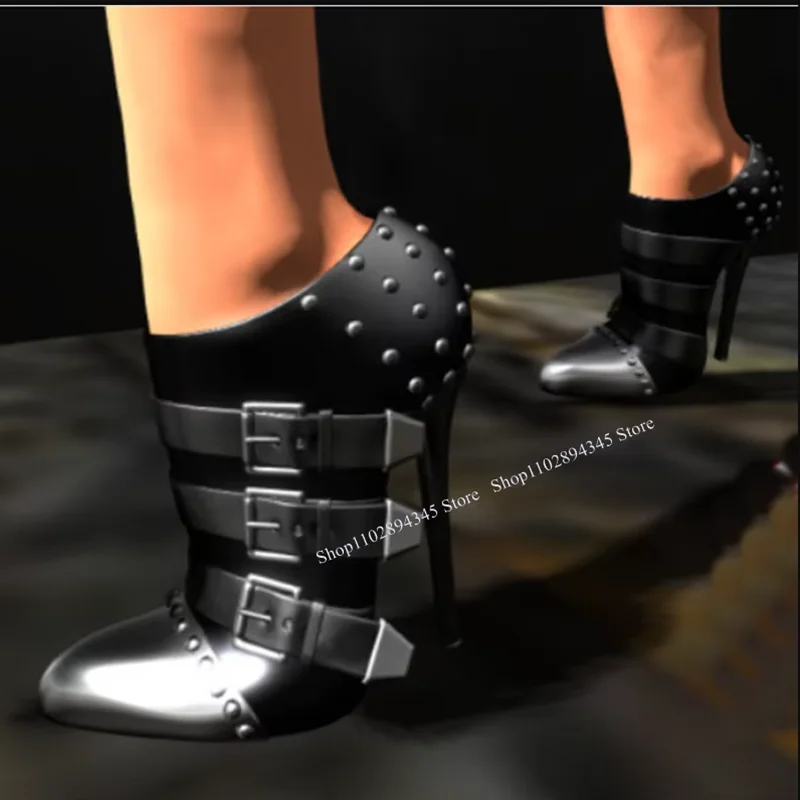

Black Rivet Buckle Matte Pumps Thin High Heel Pointed Toe Fashion Sexy Cool 2025 Summer Big Size Woman Shoes Zapatillas Mujer