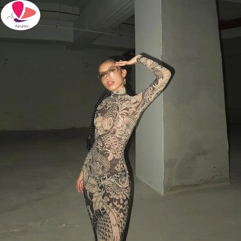 APIPEE Women 2024 Autumn Winter Long Sleeve Mesh See Through Streetwear Bodycon Long Dress Wholesale Items For Business