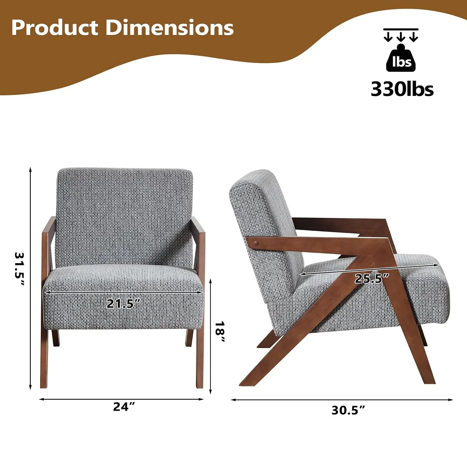 Mid-Century Modern Accent Chair Solid Wood Frame Upholstered Armchair Bedroom & Living Room Reading Side Chair Soft Fabric Cushi