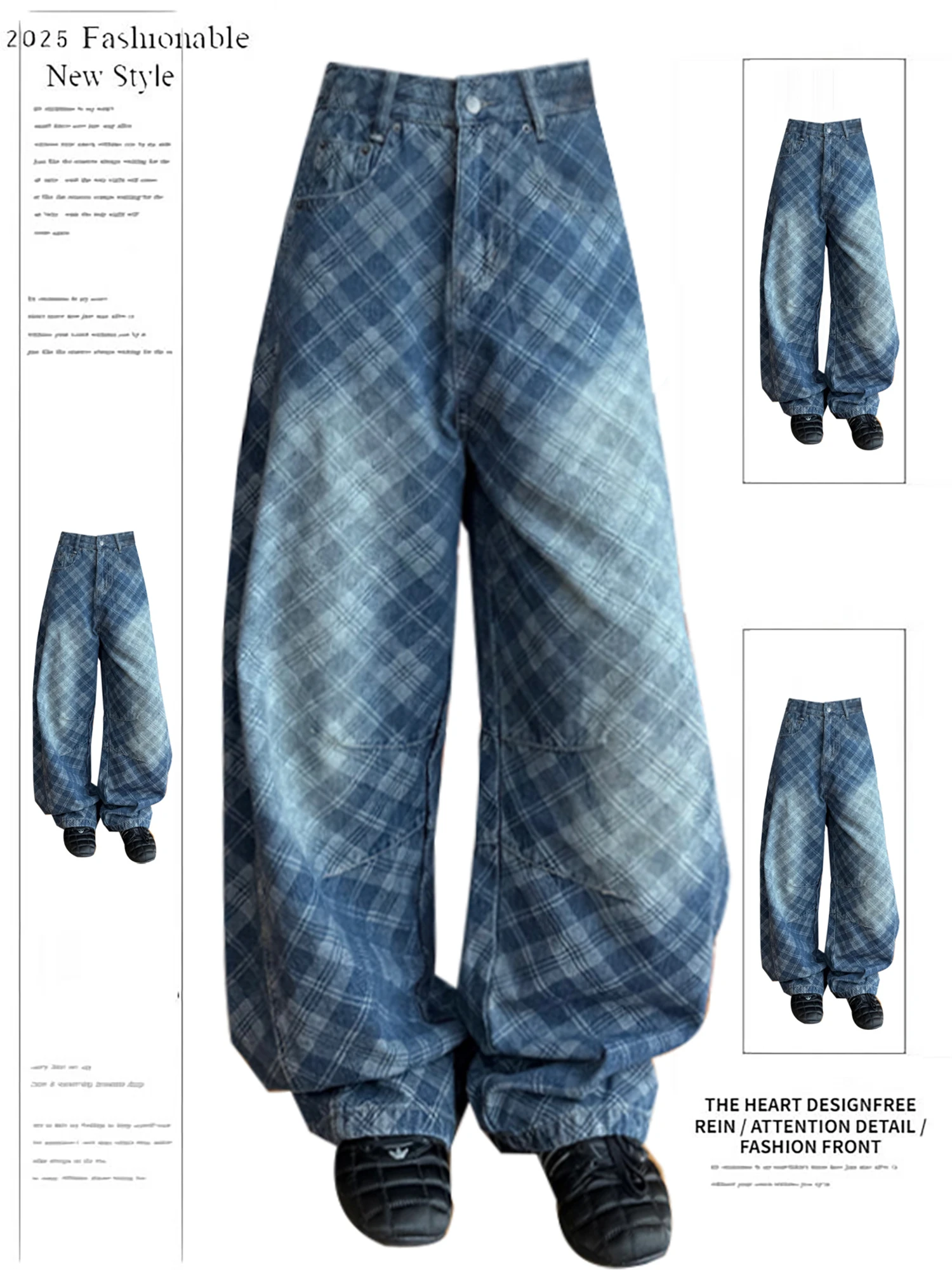 

Y2K женские винтажные потертые джинсы в клетку, мода 2024, новый стиль, мешковатые широкие джинсовые брюки, повседневная уличная одежда, свободные брюки