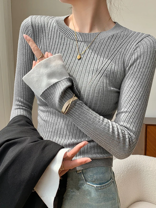 

Вязаная базовая кофта Ele для женщин: новая осенне-зимняя модель с круглым вырезом, премиум-класса, модная, для ношения под одеждой