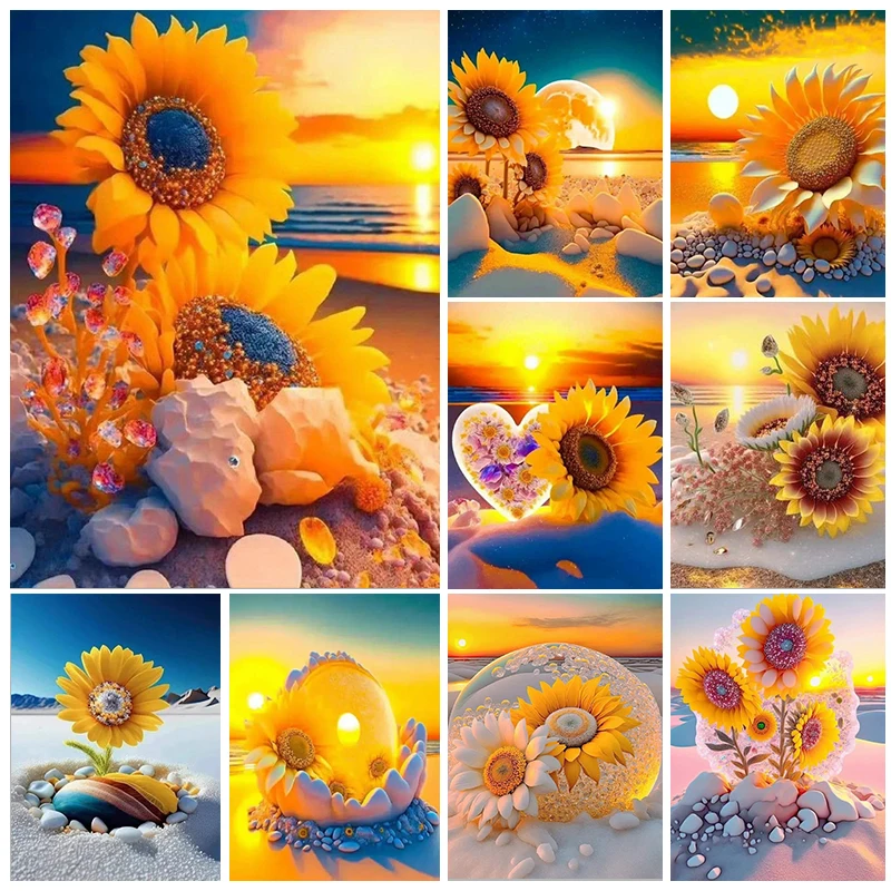 5D DIY Diamond Painting Sunflower Blooming on the Beach Mosaic Diamond Embroidery Painting Full Round Rhinestone Home Decor Gift