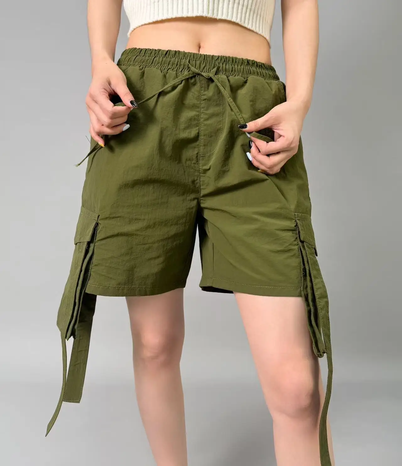

Khaki color workwear style short pants for women summer American casual loose-fitting straight-leg five-pocket pants