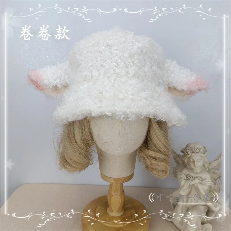 Lolita Cute Lamb Wool Lamb Ear Bucket Hat Handmade New Curly Wool Lamb Ear Hat