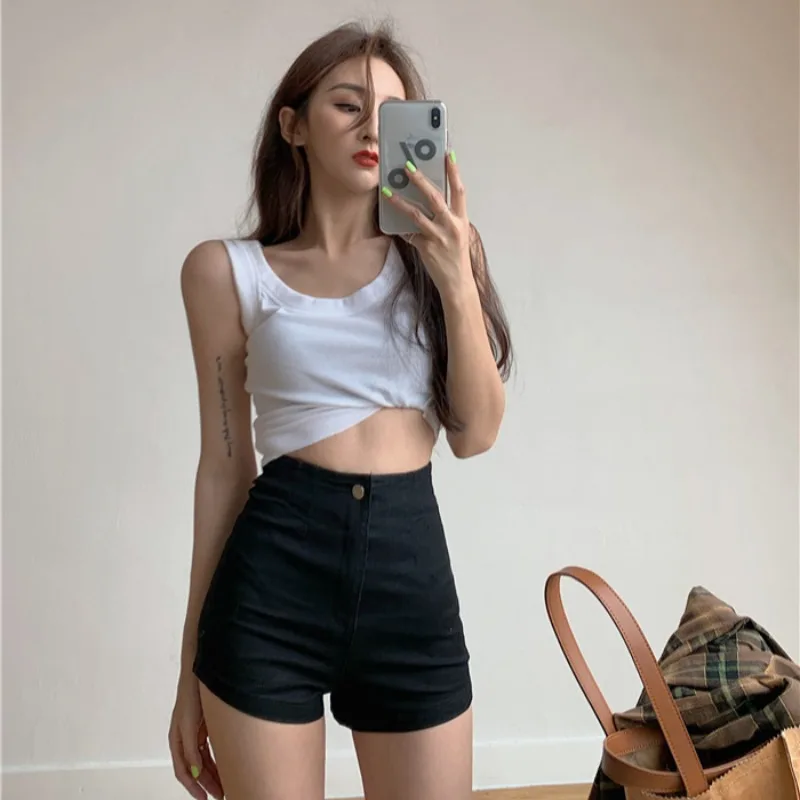 

High Waist A-Line Denim Shorts Women's Summer New Style Black Cotton Elastic Waist Tightening Slimming Hot Pants Casual Shorts