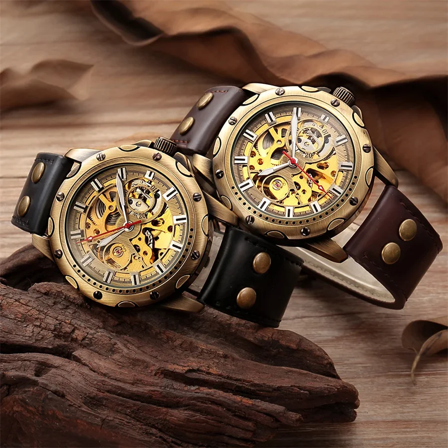 SHENHUA 9536 รอบ Steampunk สไตล์ผู้ชายโครงกระดูกนาฬิกากลไกอัตโนมัติ Bronze ชาย Skull นาฬิกากีฬา addiesdive นาฬิกา