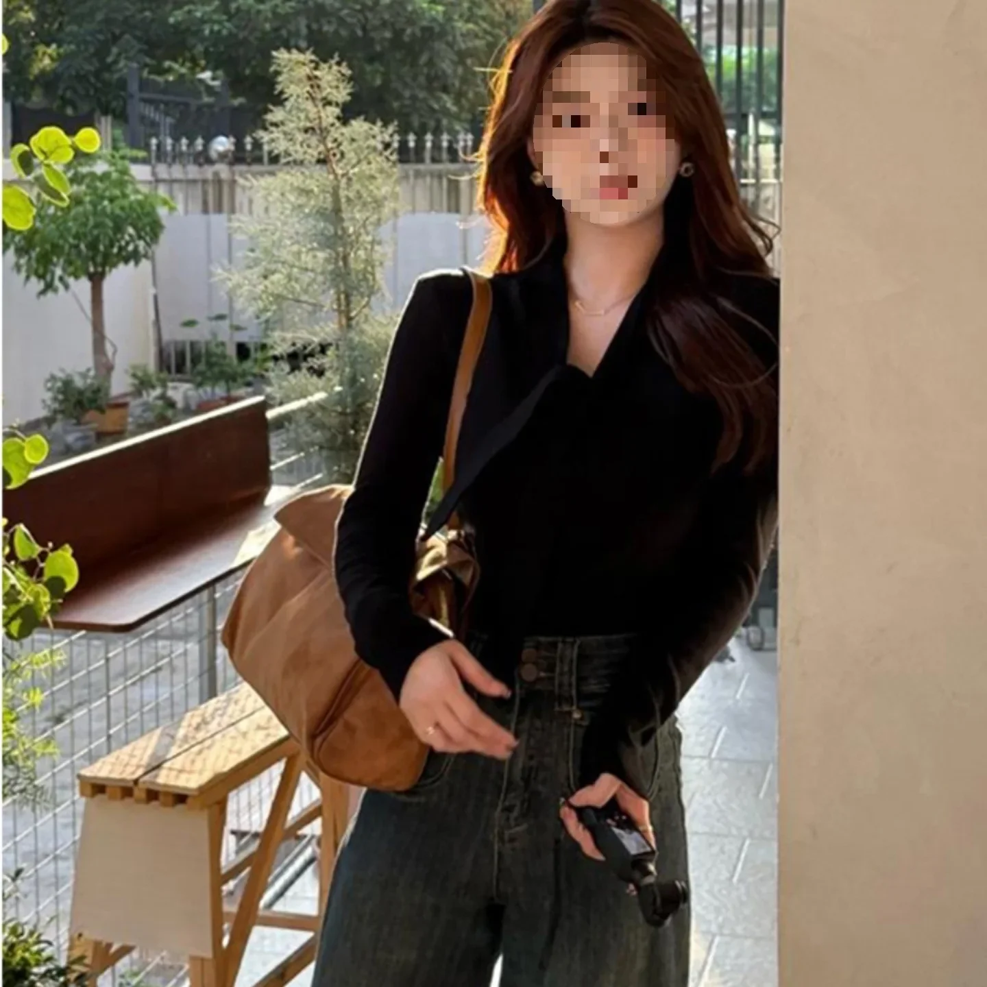 

Women's New 2025 Inner Wear Base Shirt Top Design Sensation Polyester Rayon Pure Color Early Autumn Lightweight V-neck Knitwear