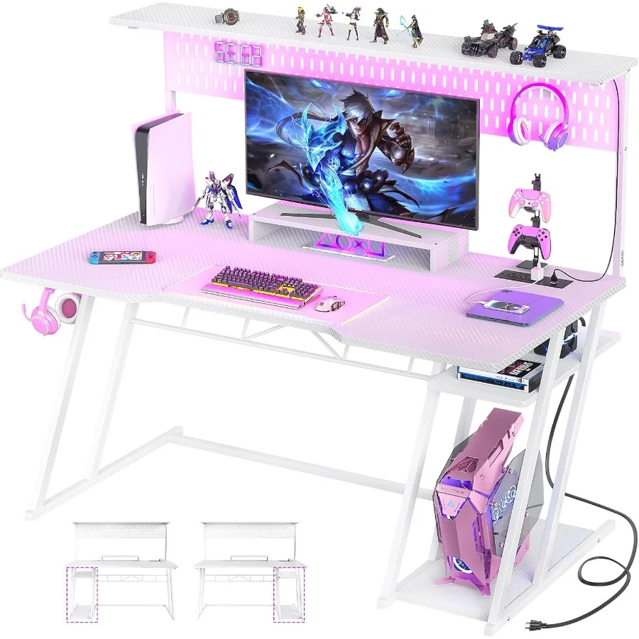 53'' White Gaming Desk with Hutch and LED Lights Gaming Computer Desk with Storage Shelves ZShaped Legs Reversible PC Game Desk