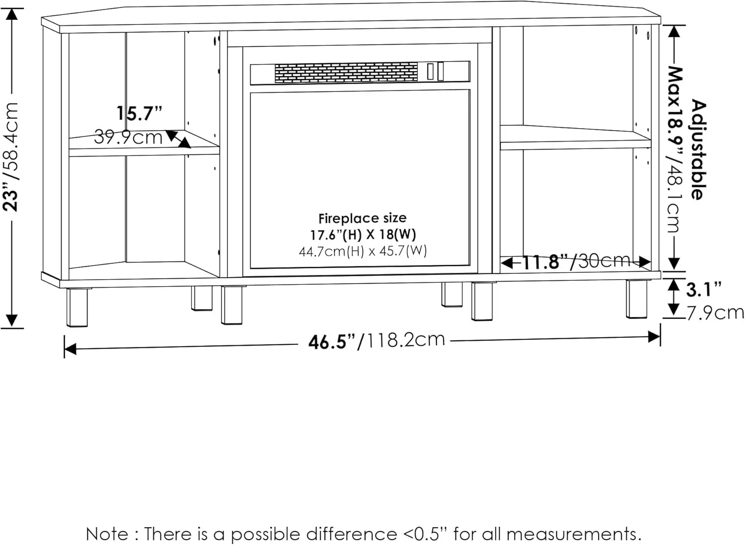 Corner Fireplace TV Stand with 4 Open Compartments for TV up to 55 Inches, French Oak Grey