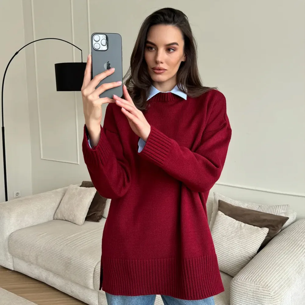 

Fit Artificial Fiber Fabric Knittedwear for Autumn Women's round Ne Pullover Sweater Knitted Casual Wear Comfortable