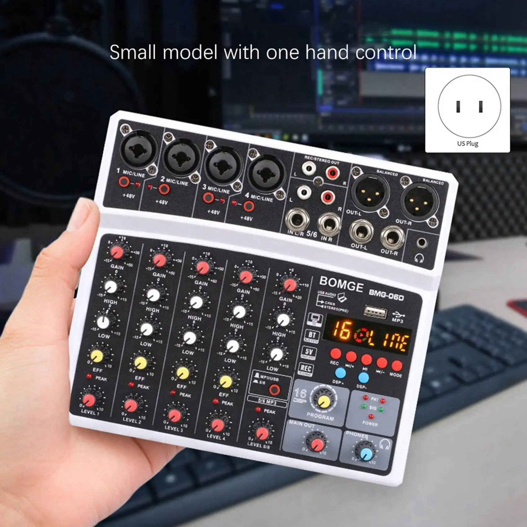 6 Channel USB Bluetooth 48V Power Stereo Sound Card Audio Mixer Sound Board Console Desk System Interface-US Plug