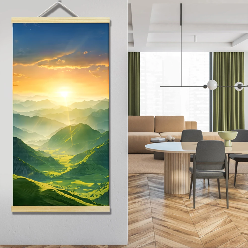 1pcs Wood Scroll Hanger Canvas Painting Poster Prints - Multicolor - Sunset Over Green Mountains Landscape Print - Home Decor