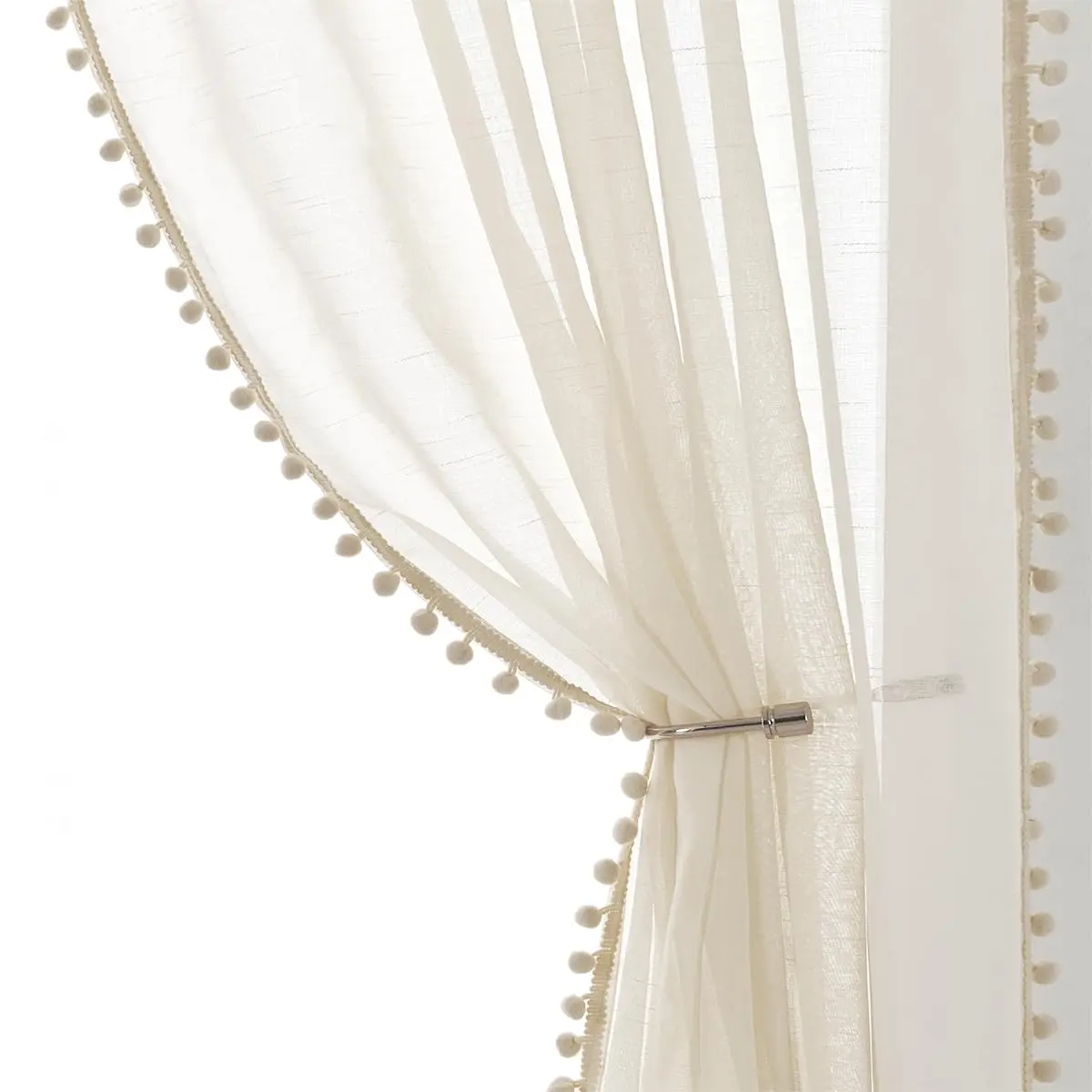 

2Pcs Sheer Linen-Look Curtains Bedroom Decorative Pompom Trimmed Voile for Living Room Slub Textured Window Curtain Panels