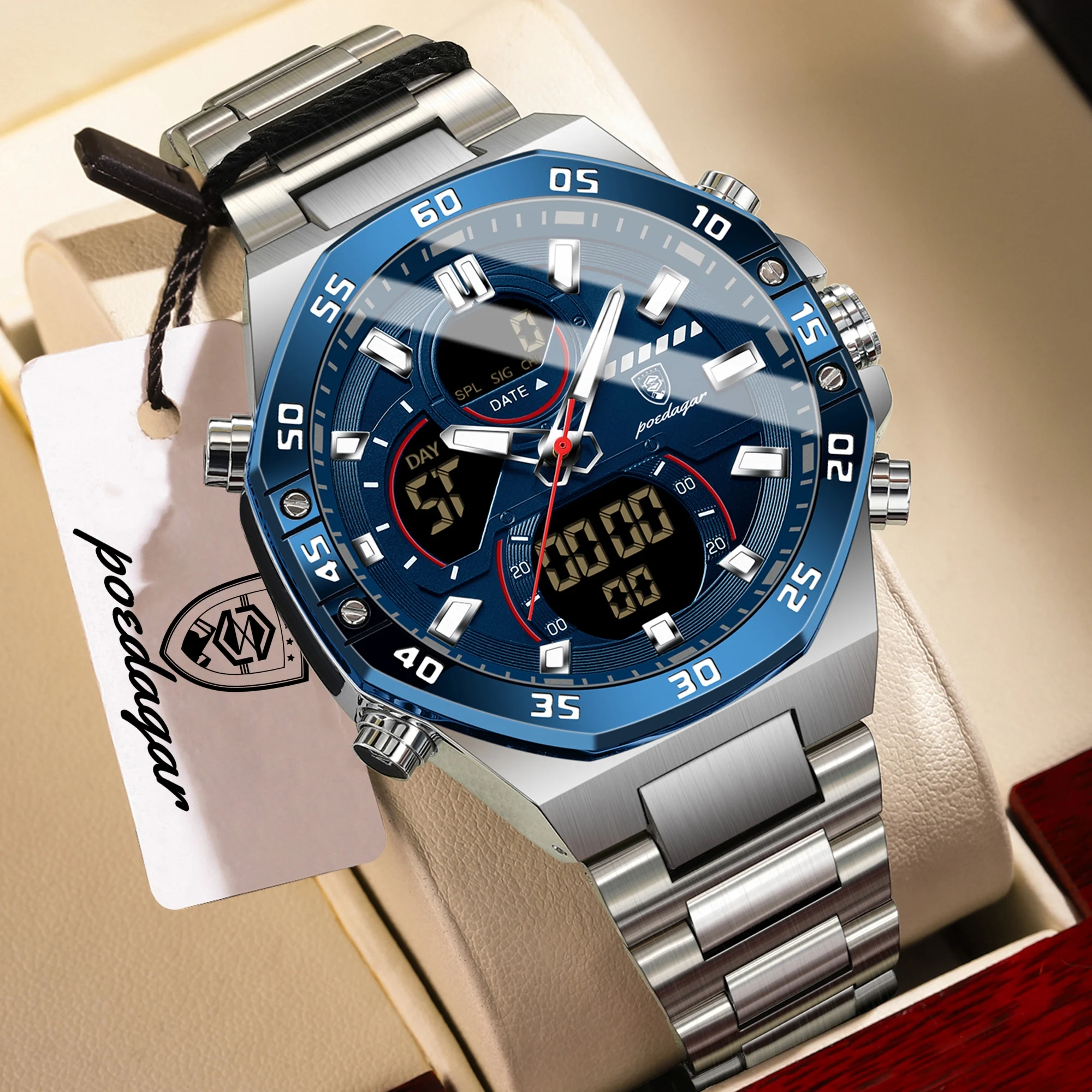 Montre homme POEDAGAR, mode LED numérique, lumineuse, étanche, semaine, date, quartz, double fuseau horaire, sport, électronique.