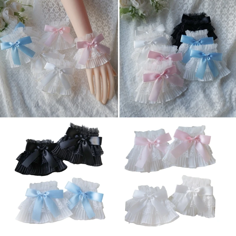 Sweet Lolita Girls Wrist Cuffs Women Lovely Bowknot Pleated False Cuffs Cosplay Maid Pleated Decorative Sleeve Wrist Ornaments