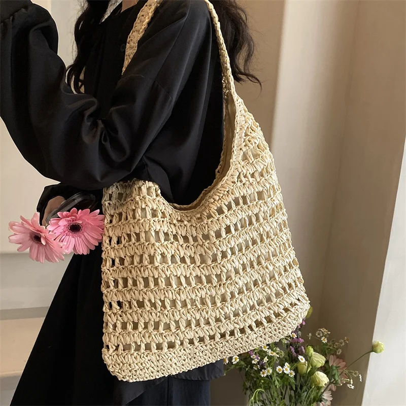 Summer Women Beach Tote Handbags Rattan Crochet Shoulder Bag Casual Commute Bag Vintage Straw Woven Bag