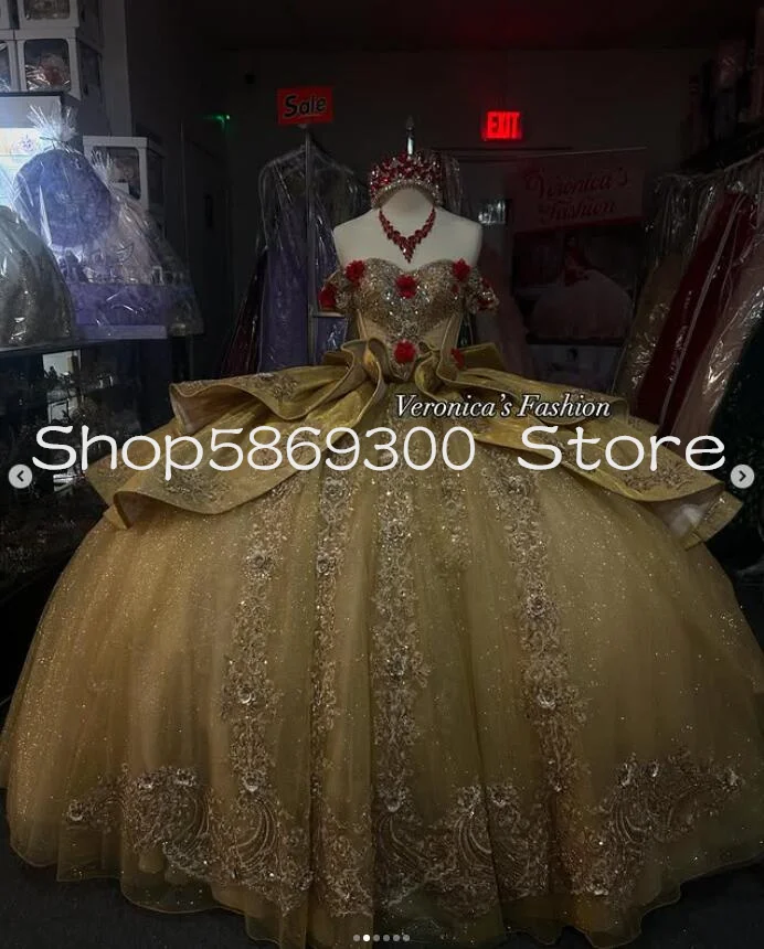 Vestidos de quinceañera dorados de princesa brillante con hombros descubiertos personalizados 3D Floral Gillter con cordones xvaños dulces 15 vestidos de graduación