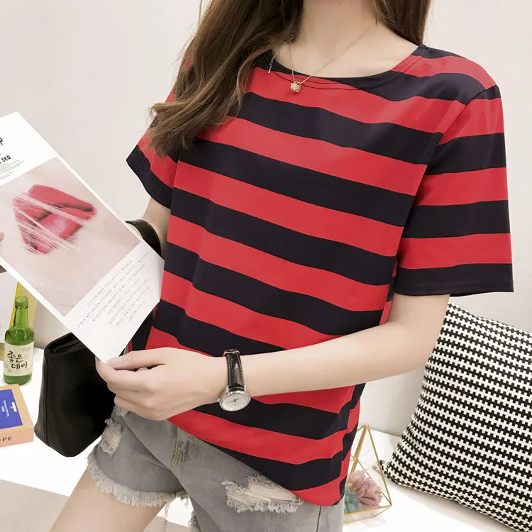 Damen Sommer-Tops T-Shirt Gestreifte Shirts Gestreifte Tees Vintage Heiße Kurzarm-T-Shirts in Übergrößen Lockere Freizeit-Tees – Detail 9