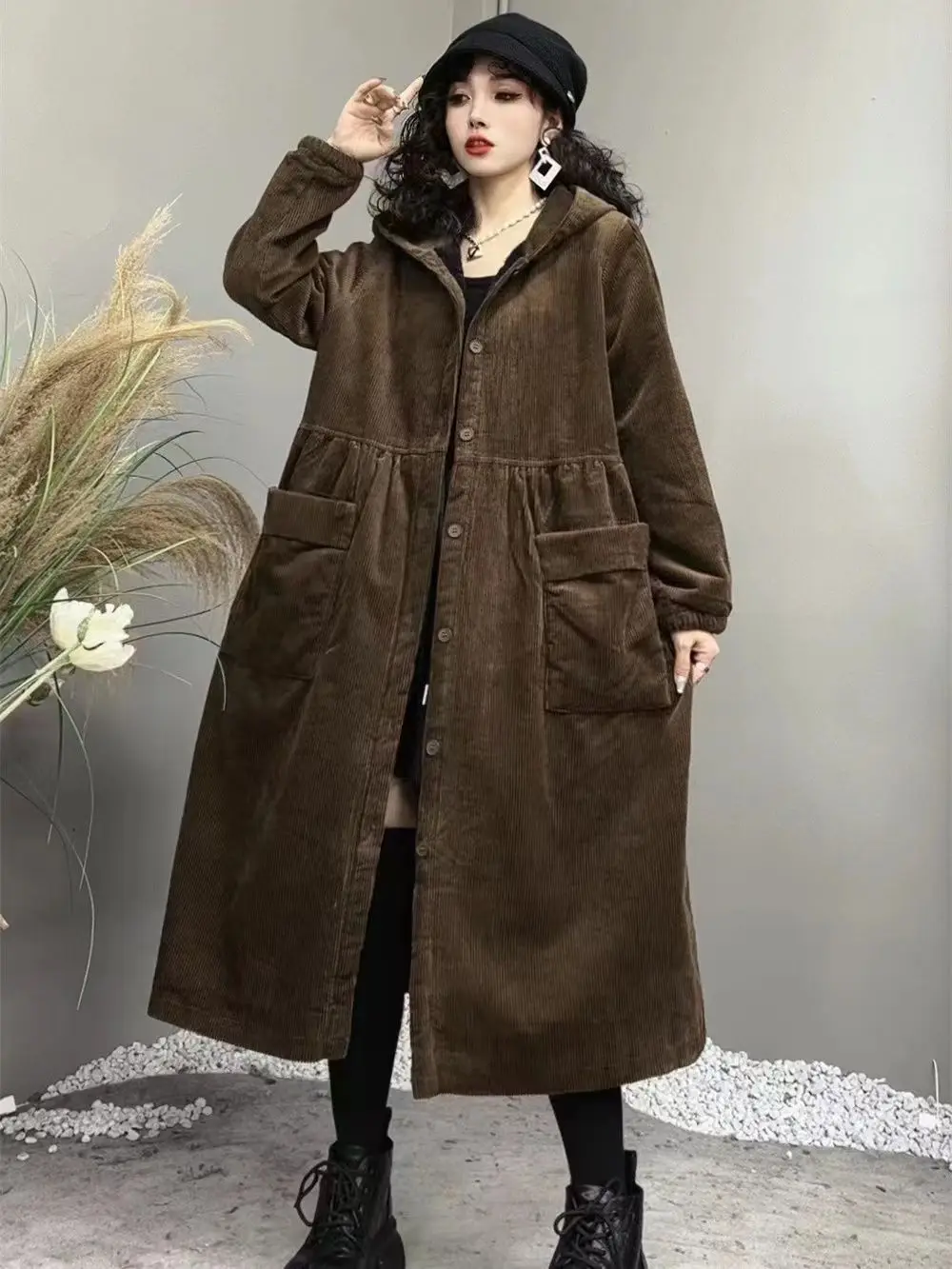 2026 Autumn and Winter Thick Coat Fashion Large Brown Windbreaker Big Pocket Women\'s Loose Versatile Corduroy Hooded Coat 6XL